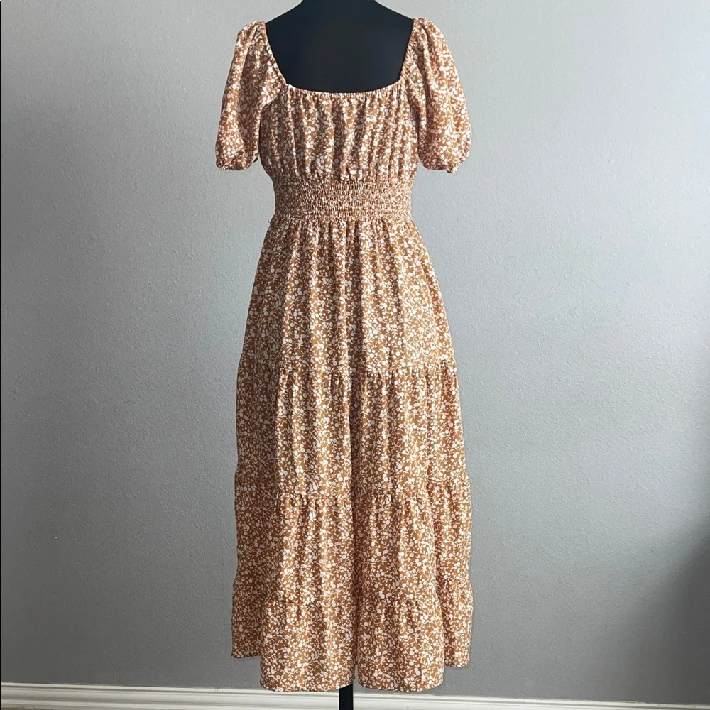 Elegant Pie In The Sky Tan Floral Midi Dress - Picture 7 of 9